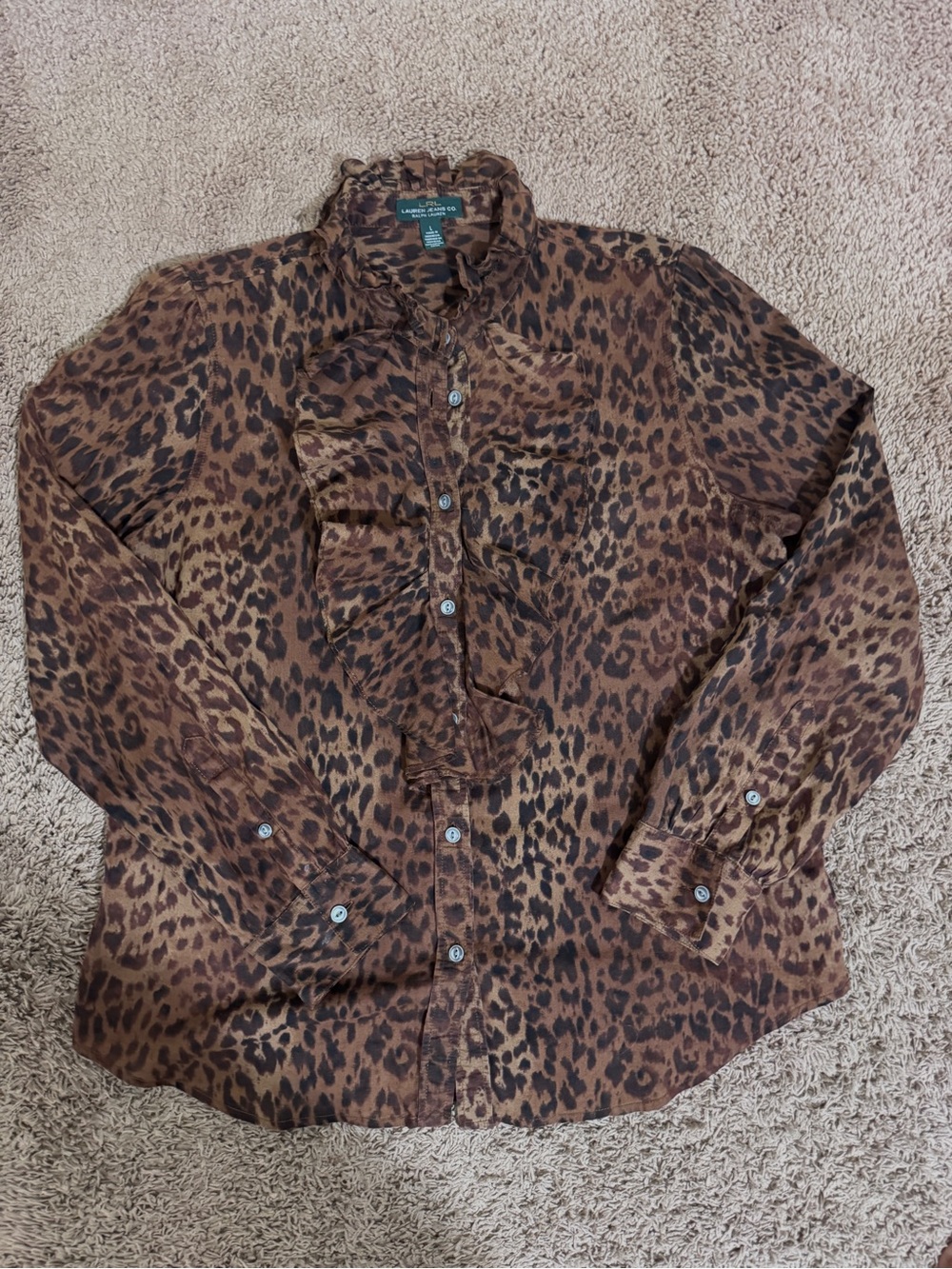 Y2K Lauren Ralph Lauren Animal Print Ruffle Neck Shirt size L Indie Sleaze Retro - Picture 3 of 9